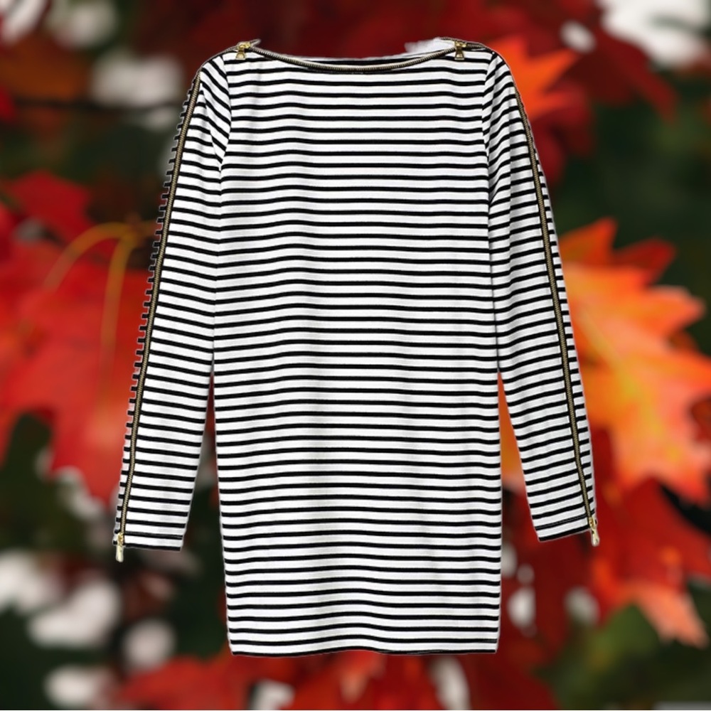 Rachel Zoe Striped Maternity Dress Medium Black & White Zippered Long Sleeve